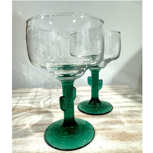 Set Of 2 Vintage Libbey Cactus Green Stemmed Margarita Glasses Western Boho - Picture 3 of 6